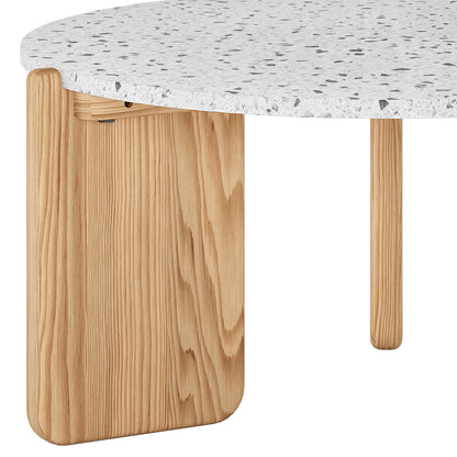 Everlee Hardwood American Oak Coffee Table in Natural, featuring a round, white speckled terrazzo-style top on smooth, light-wood legs, showcasing its modern, minimalist design and craftsmanship.