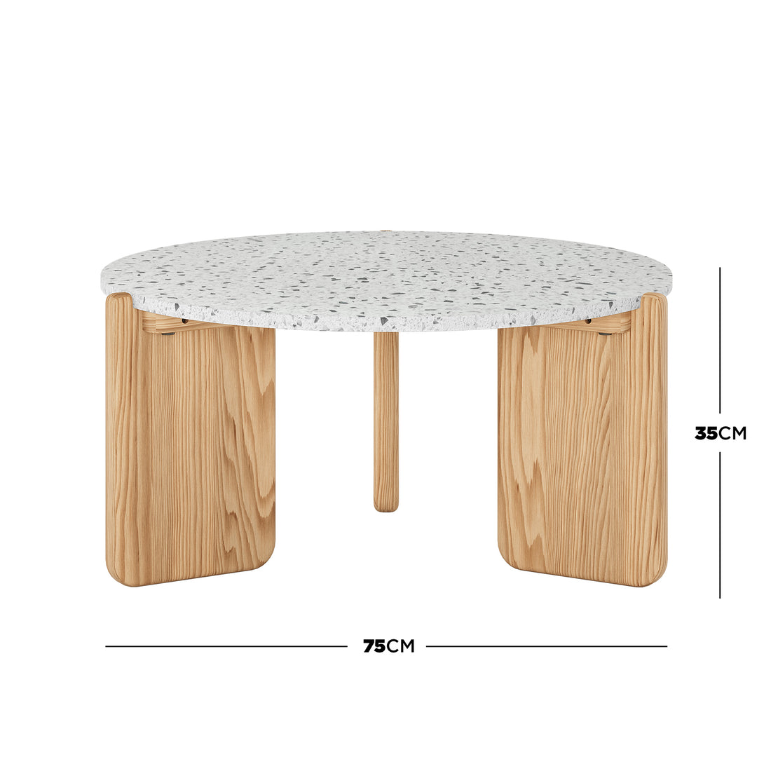 Everlee American Oak Coffee Table in Natural features a white terrazzo-style tabletop with speckled grey fragments, supported by three chunky, rounded rectangular solid wood legs. Dimensions: 75 cm diameter, 35 cm height.
