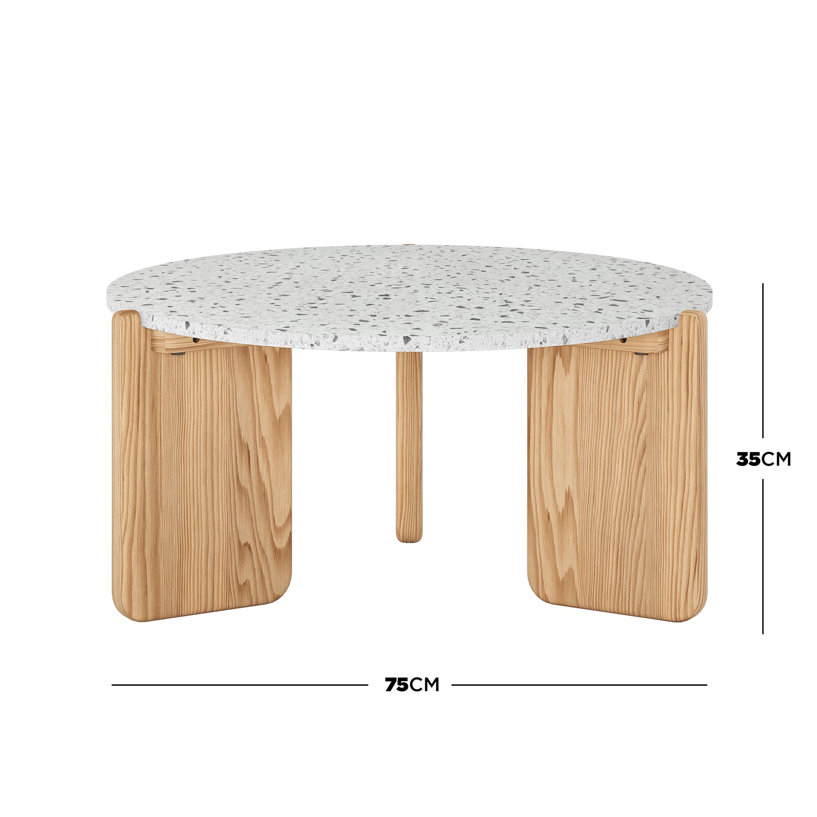 Everlee American Oak Coffee Table in Natural features a white terrazzo-style tabletop with speckled grey fragments, supported by three chunky, rounded rectangular solid wood legs. Dimensions: 75 cm diameter, 35 cm height.
