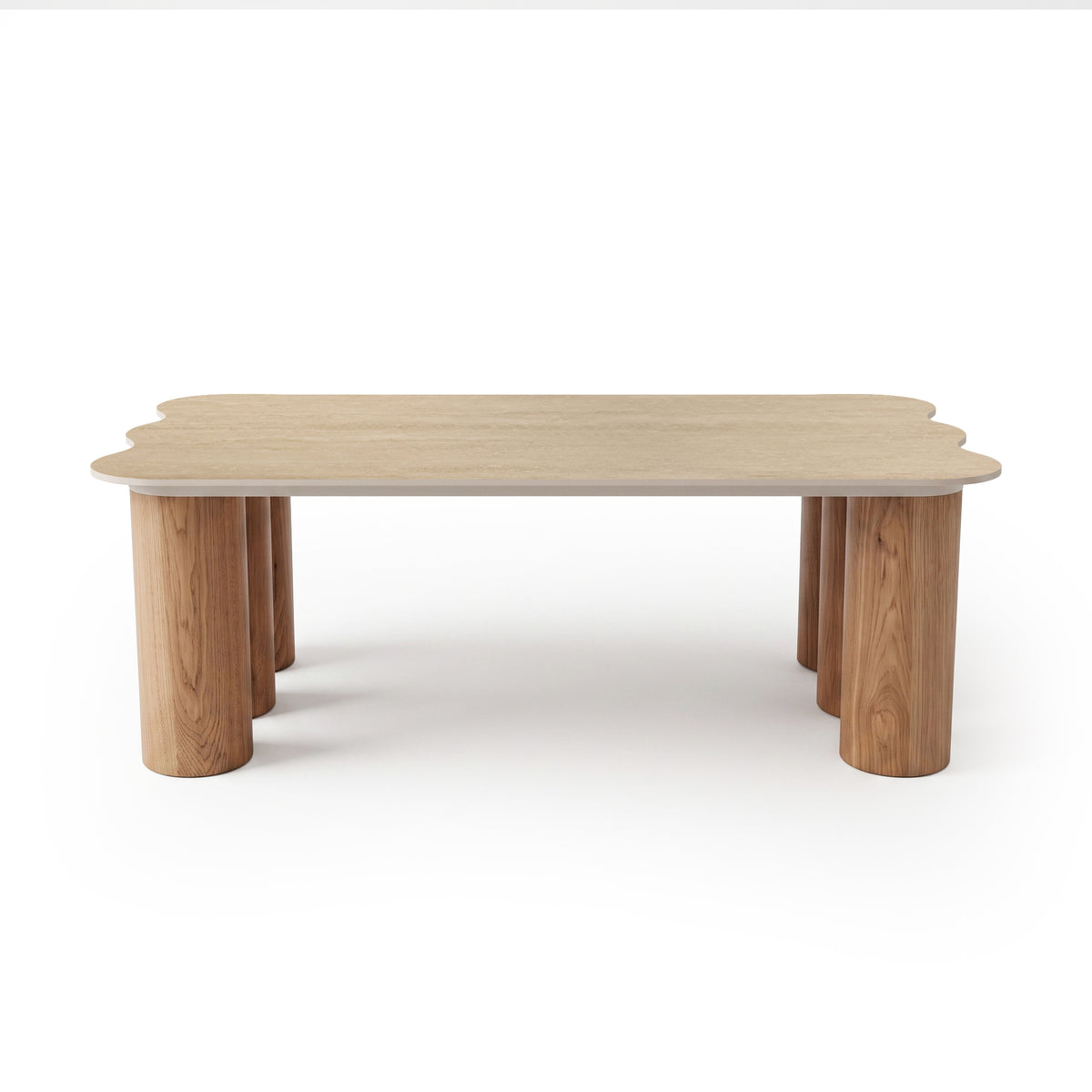 Light wood table with scalloped edges and cylindrical legs on white background