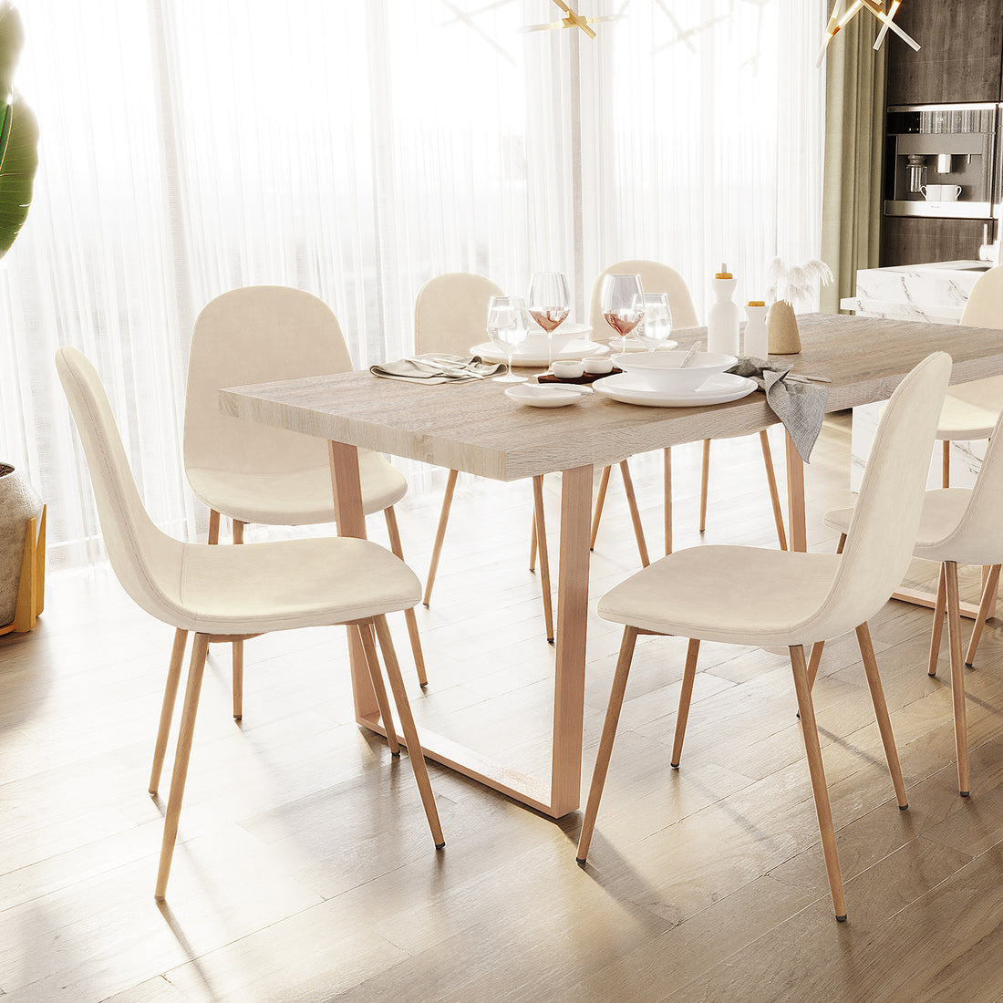 Close-up of Florida Corduroy Fabric Dining Chairs (Set of 4) - Beige, showcasing plush corduroy upholstery and sturdy metal legs on a kitchen and dining room table setting.