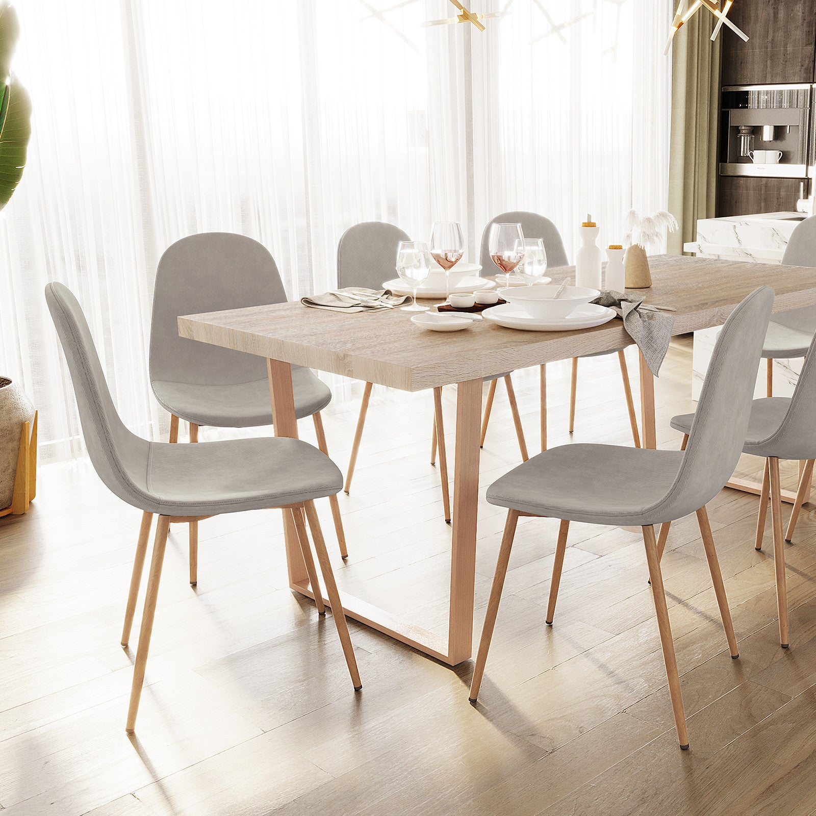 Close-up of Florida Corduroy Fabric Dining Chairs (Set of 4) - Grey, showcasing plush corduroy upholstery and metal legs with anti-slip pads, emphasizing modern comfort and durability.