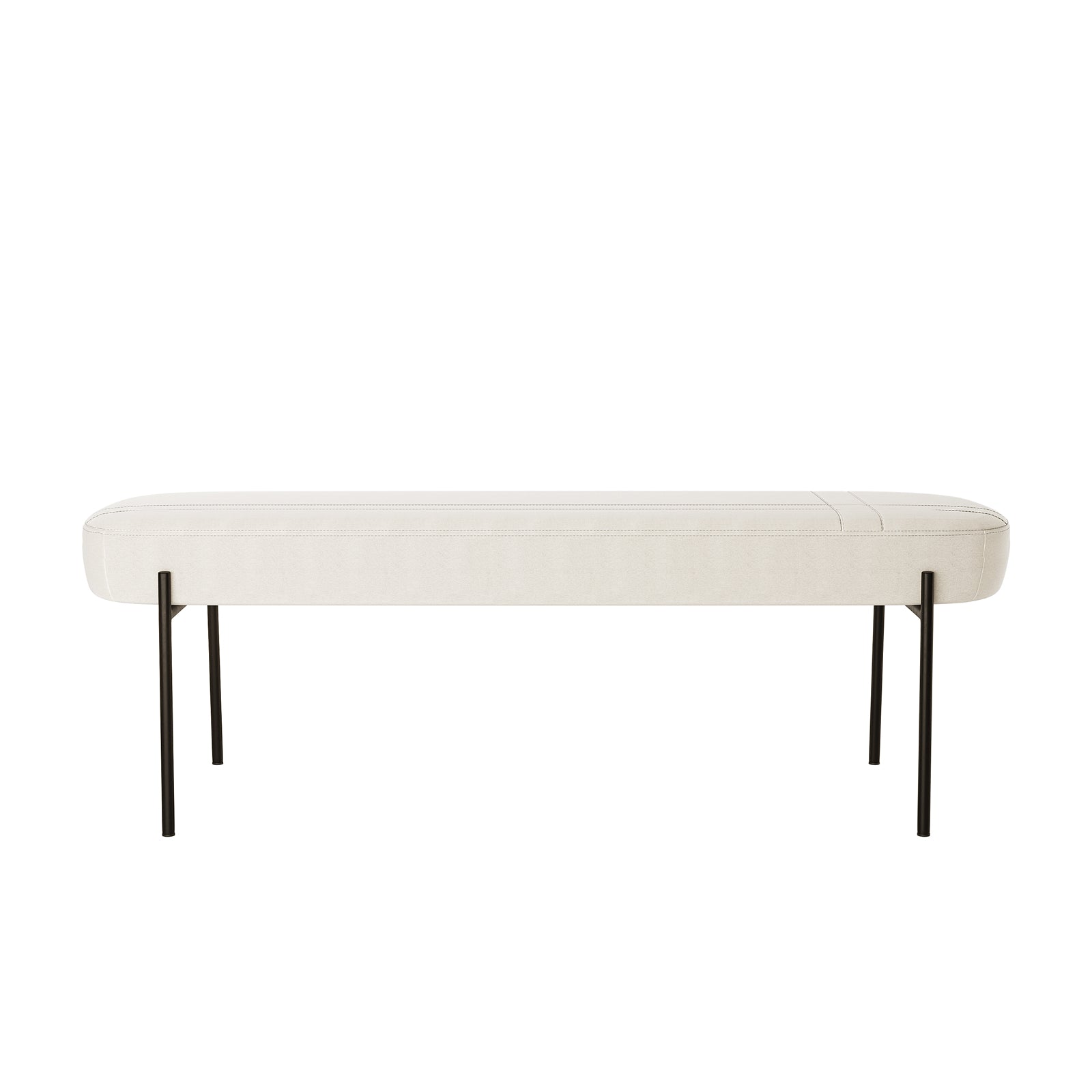 Gavin Dining Bench - Cream White: Long, narrow padded seat in cream fabric with sleek black metal legs, offering a modern, retro-inspired design ideal for stylish dining spaces.