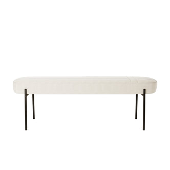 Gavin Dining Bench - Cream White: Long, narrow padded seat in cream fabric with sleek black metal legs, offering a modern, retro-inspired design ideal for stylish dining spaces.
