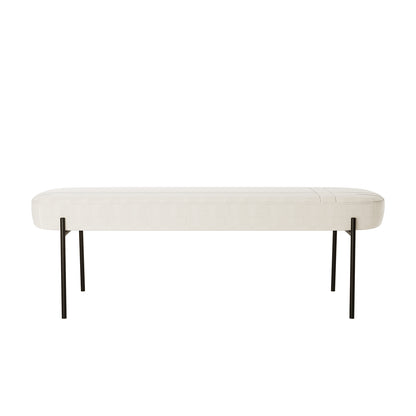 Gavin Dining Bench - Cream White: Long, narrow padded seat in cream fabric with sleek black metal legs, offering a modern, retro-inspired design ideal for stylish dining spaces.