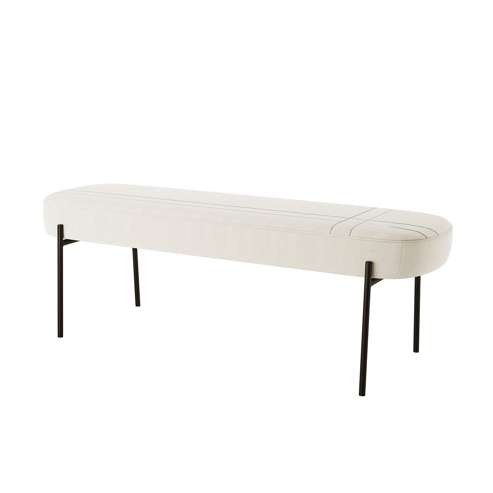Gavin Dining Bench - Cream White: A modern bench with an off-white padded seat and slender black metal legs, offering a chic and comfortable seating solution for dining spaces.