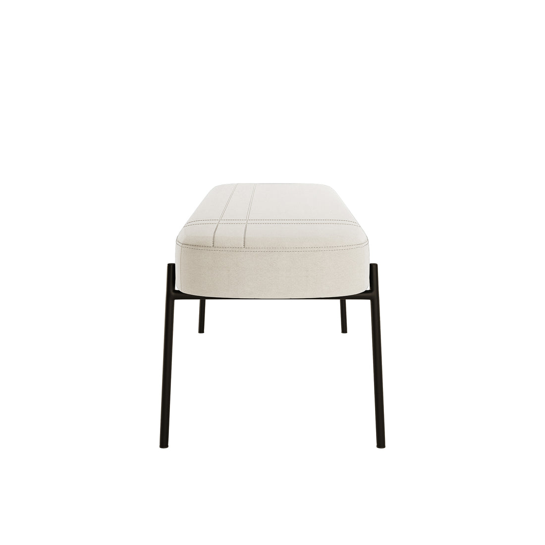 Gavin Dining Bench - Cream White features a rectangular, off-white cushioned top with subtle stitched detailing, supported by slim matte-black metal legs, embodying a minimalist yet elegant design.