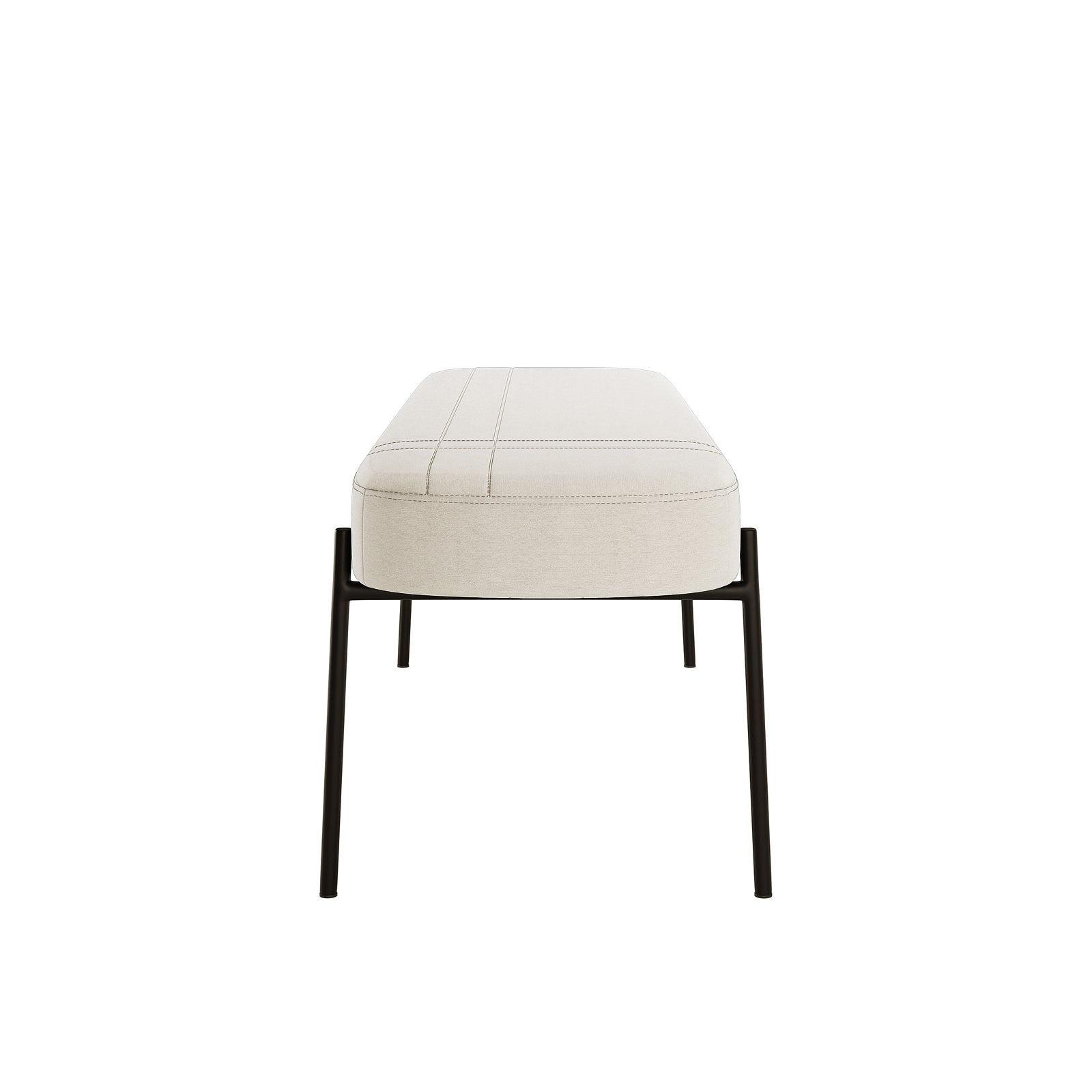 Gavin Dining Bench - Cream White features a rectangular, off-white cushioned top with subtle stitched detailing, supported by slim matte-black metal legs, embodying a minimalist yet elegant design.