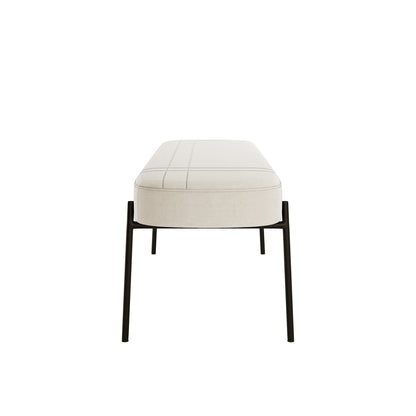Gavin Dining Bench - Cream White features a rectangular, off-white cushioned top with subtle stitched detailing, supported by slim matte-black metal legs, embodying a minimalist yet elegant design.