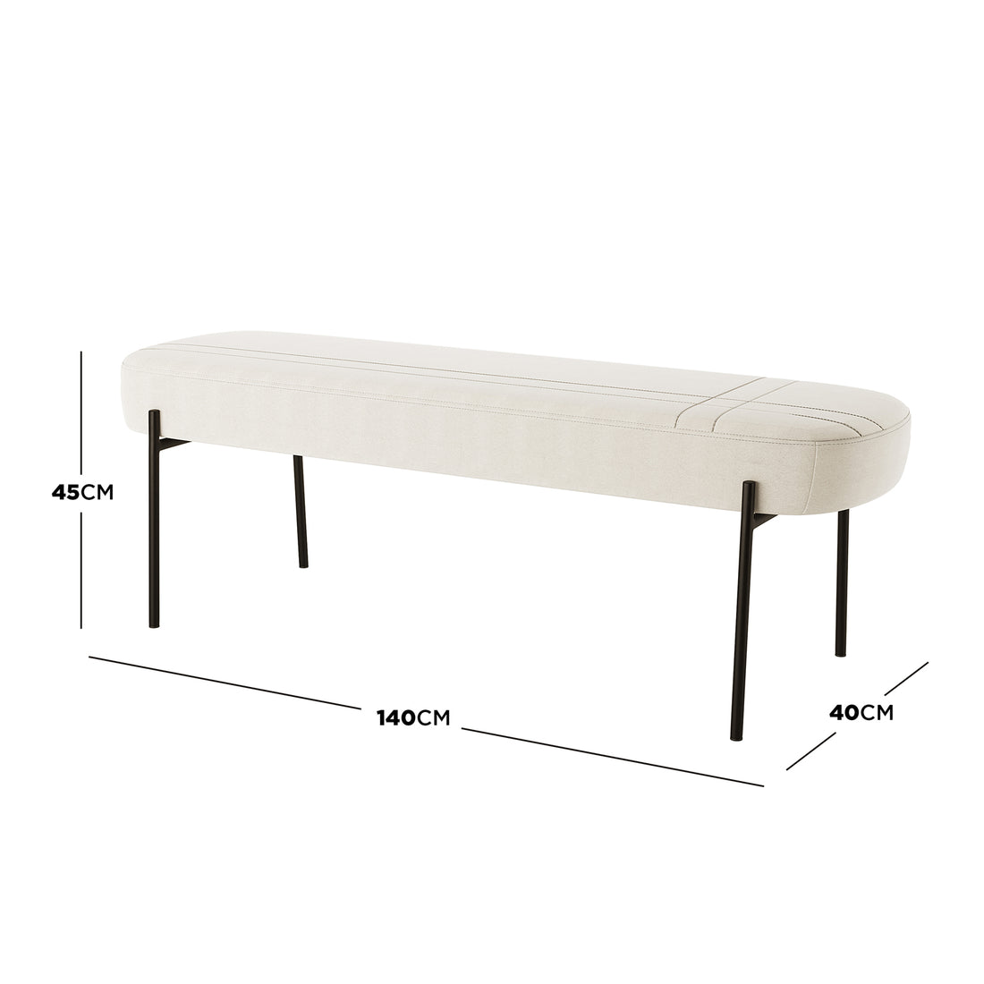 Gavin Dining Bench - Cream White: A long, narrow bench with a rounded light-beige upholstered cushion on four slim black metal legs, offering a sleek, retro-inspired design for modern dining spaces.