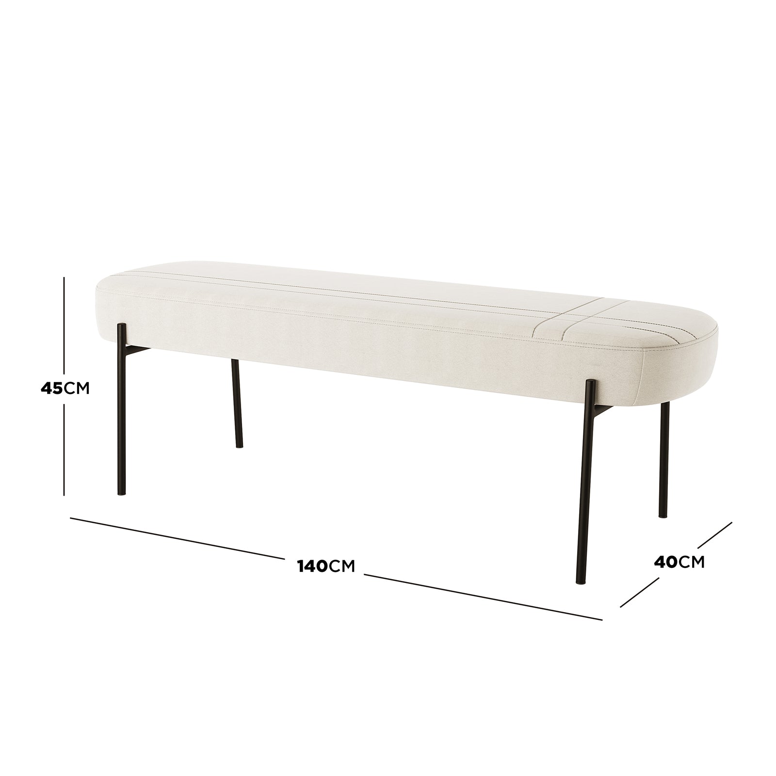 Gavin Dining Bench - Cream White: A long, narrow bench with a rounded light-beige upholstered cushion on four slim black metal legs, offering a sleek, retro-inspired design for modern dining spaces.