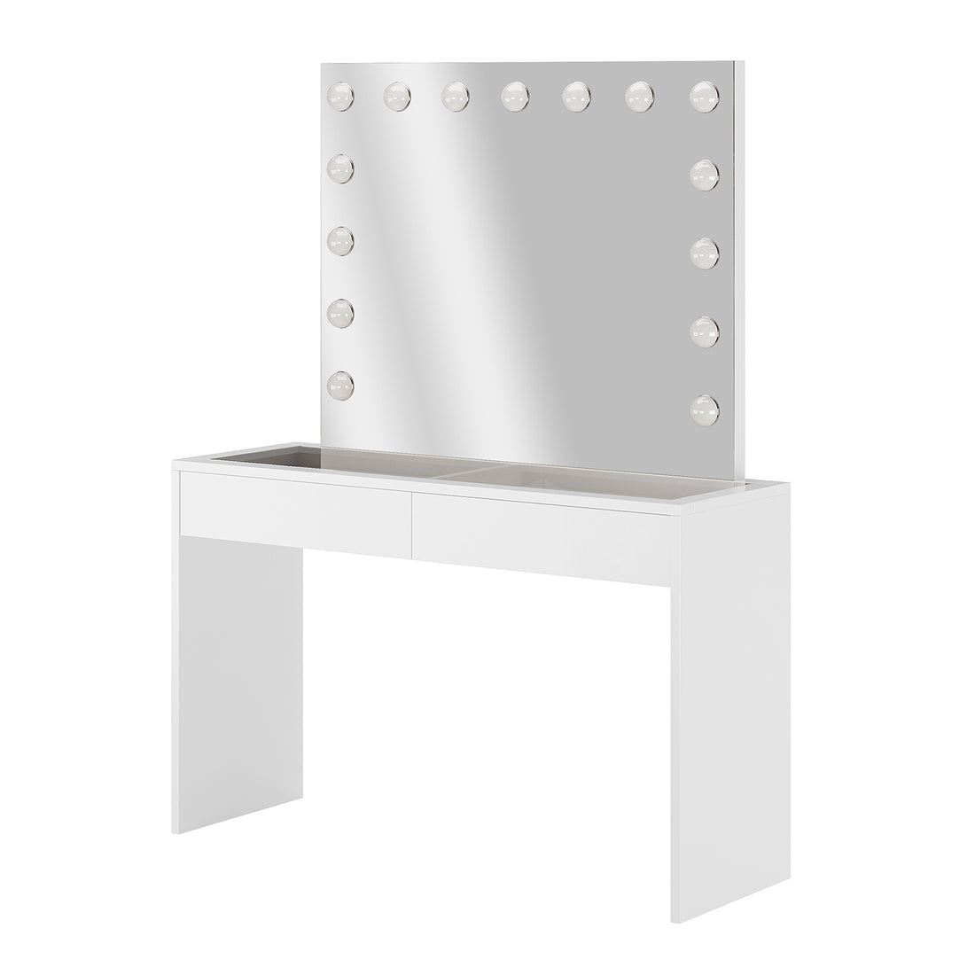 Gianna Hollywood LED Mirror Dressing Table - White featuring a large LED mirror with adjustable lighting and two spacious drawers for makeup storage, offering a sleek and modern design.
