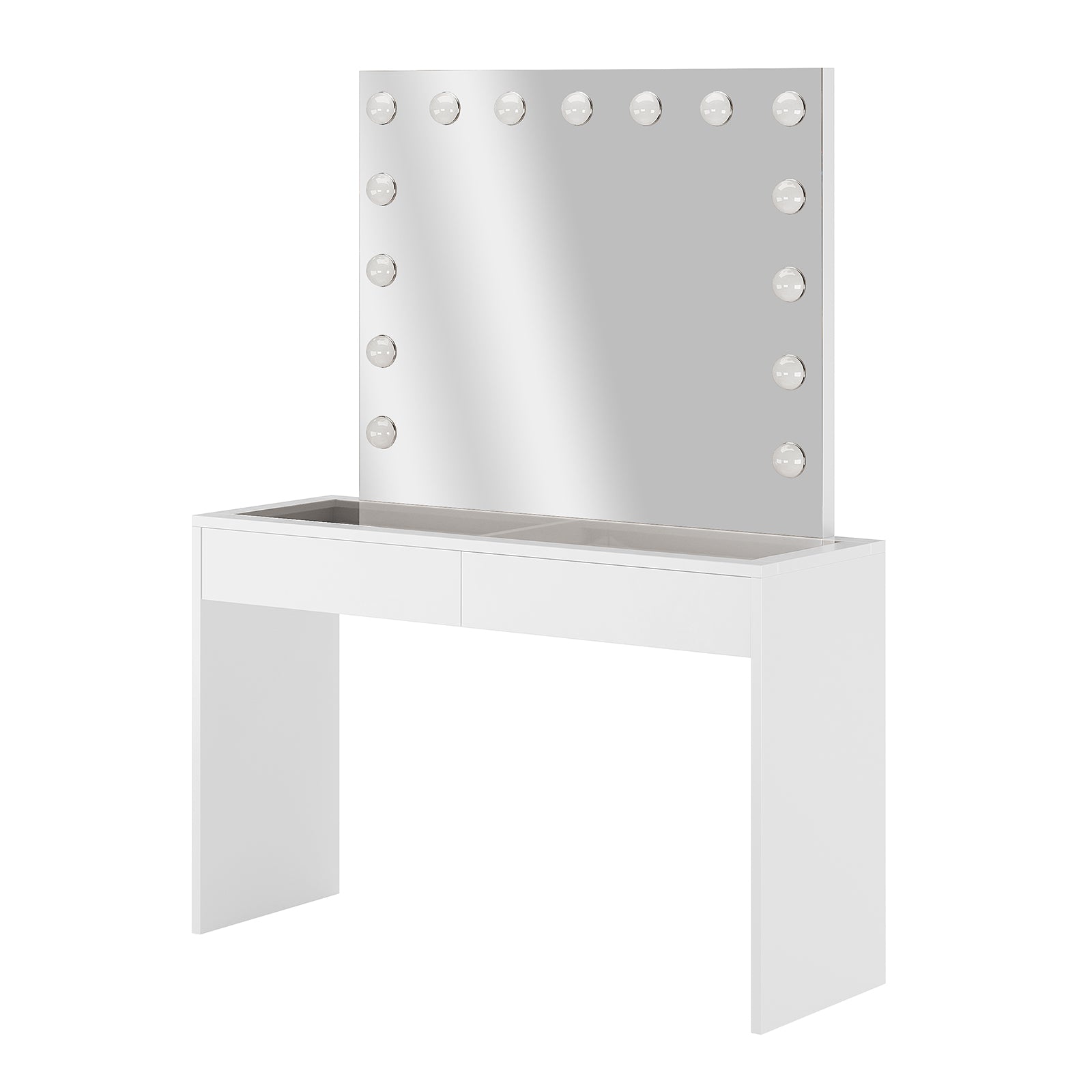 Gianna Hollywood LED Mirror Dressing Table - White featuring a large LED mirror with adjustable lighting and two spacious drawers for makeup storage, offering a sleek and modern design.