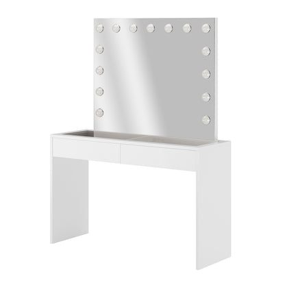 Gianna Hollywood LED Mirror Dressing Table - White featuring a large LED mirror with adjustable lighting and two spacious drawers for makeup storage, offering a sleek and modern design.