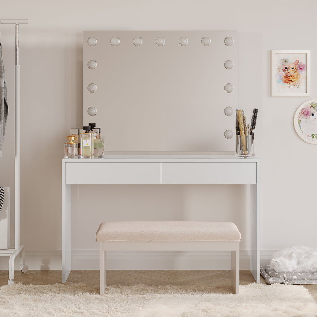 Gianna Hollywood LED Mirror Dressing Table - White with a sleek design, featuring an LED mirror, two spacious drawers, and a glass top, perfect for organizing and enhancing your beauty space.