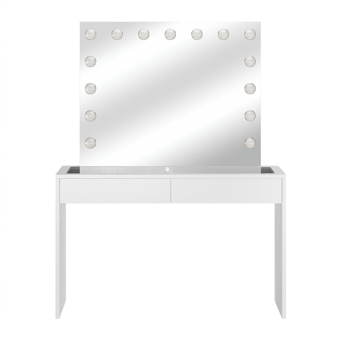 Gianna Hollywood LED Mirror Dressing Table - White; features a sleek design with a large LED mirror, two drawers for storage, and a modern glass top, ideal for makeup organization.