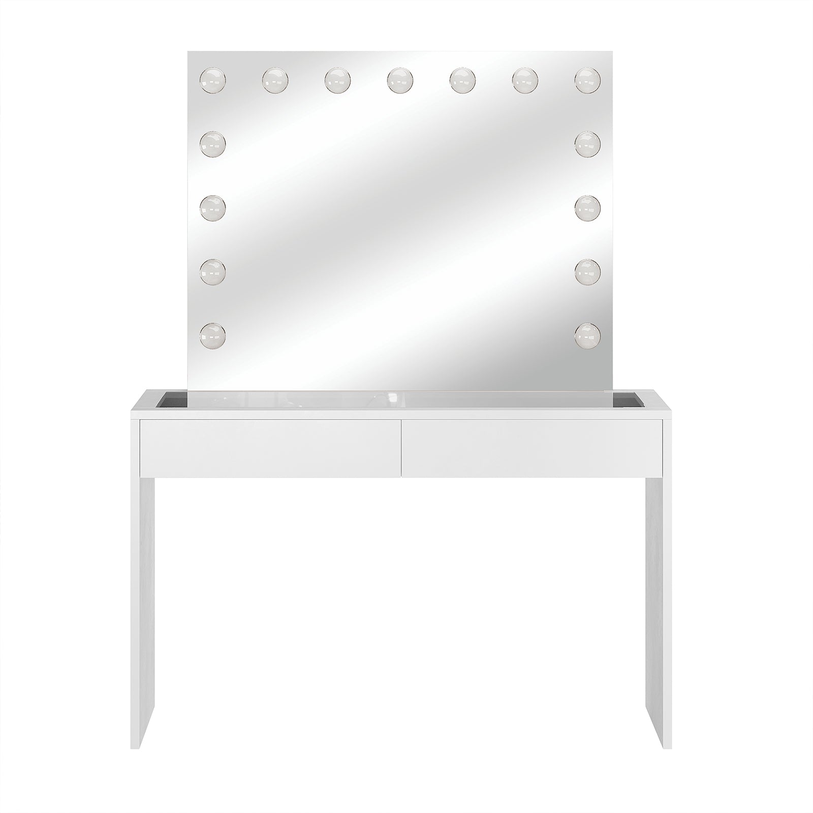 Gianna Hollywood LED Mirror Dressing Table - White; features a sleek design with a large LED mirror, two drawers for storage, and a modern glass top, ideal for makeup organization.