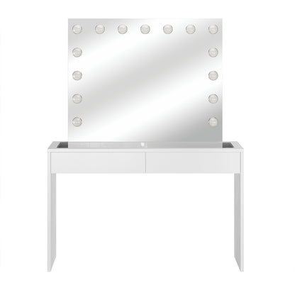 Gianna Hollywood LED Mirror Dressing Table - White; features a sleek design with a large LED mirror, two drawers for storage, and a modern glass top, ideal for makeup organization.