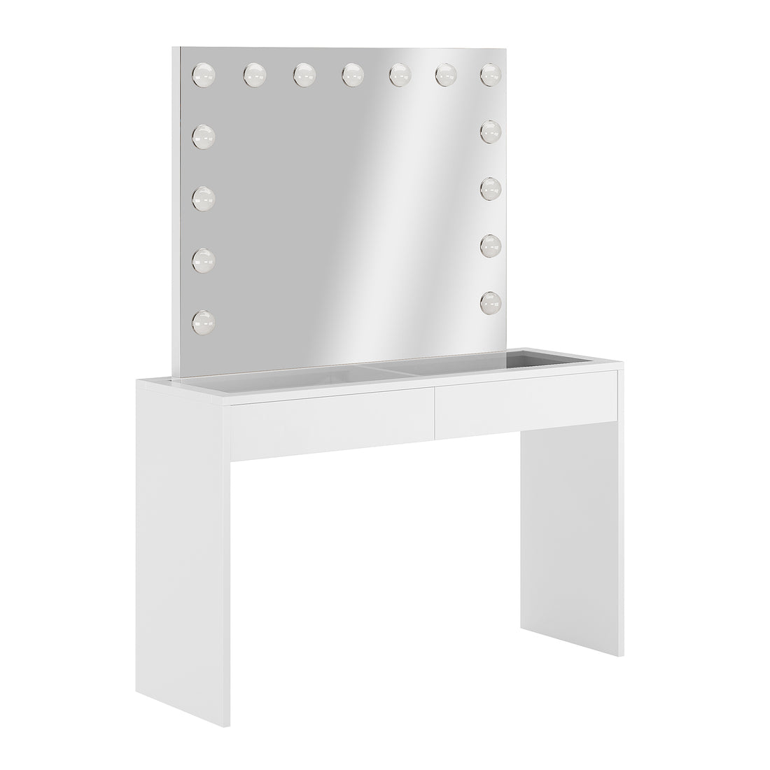Gianna Hollywood LED Mirror Dressing Table - White, featuring an LED-lit mirror and two drawers, elegantly designed for makeup storage and application, with a modern glass top enhancing its sleek appeal.