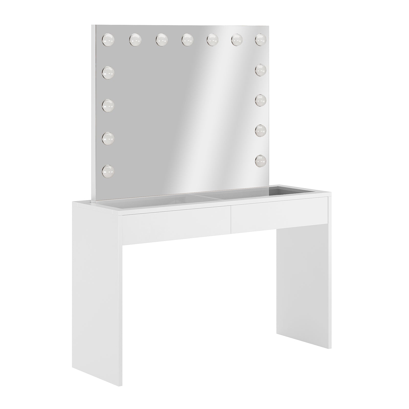 Gianna Hollywood LED Mirror Dressing Table - White, featuring an LED-lit mirror and two drawers, elegantly designed for makeup storage and application, with a modern glass top enhancing its sleek appeal.