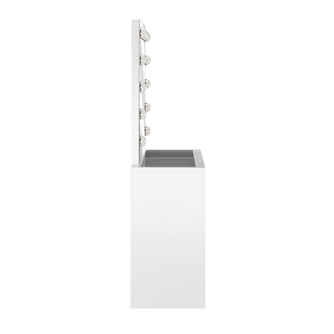 Gianna Hollywood LED Mirror Dressing Table features a large LED mirror with adjustable lighting and two drawers, showcasing its sleek modern design ideal for makeup storage and application.