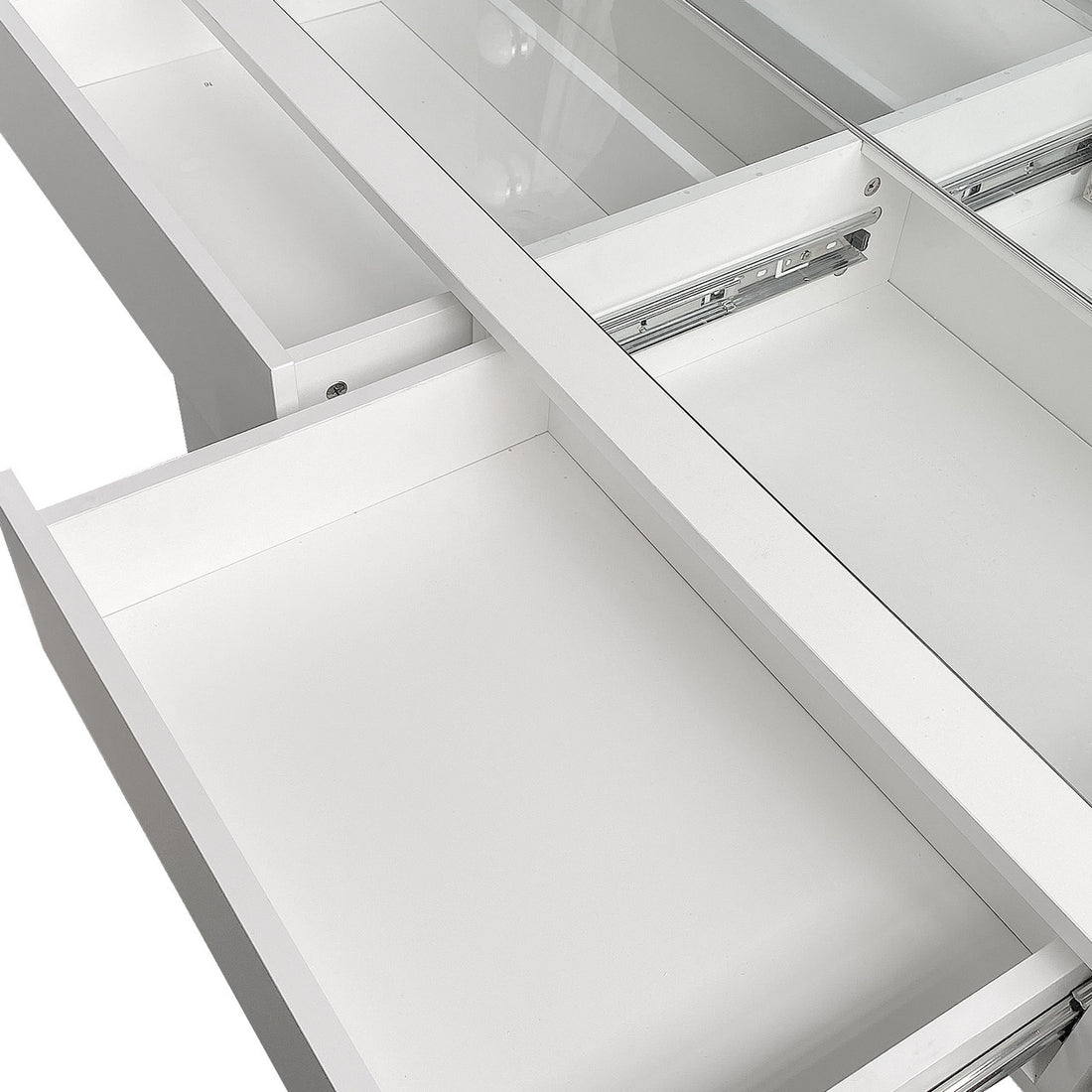 Gianna Hollywood LED Mirror Dressing Table - White; features a glass top and two spacious drawers, ideal for organizing beauty essentials, complemented by a large LED mirror with adjustable lighting.