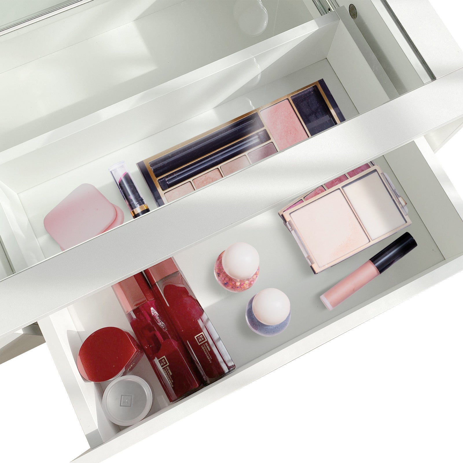Gianna Hollywood LED Mirror Dressing Table - White, featuring a sleek glass top, spacious two drawers, and large LED mirror with adjustable lighting, designed for elegant and functional makeup storage.