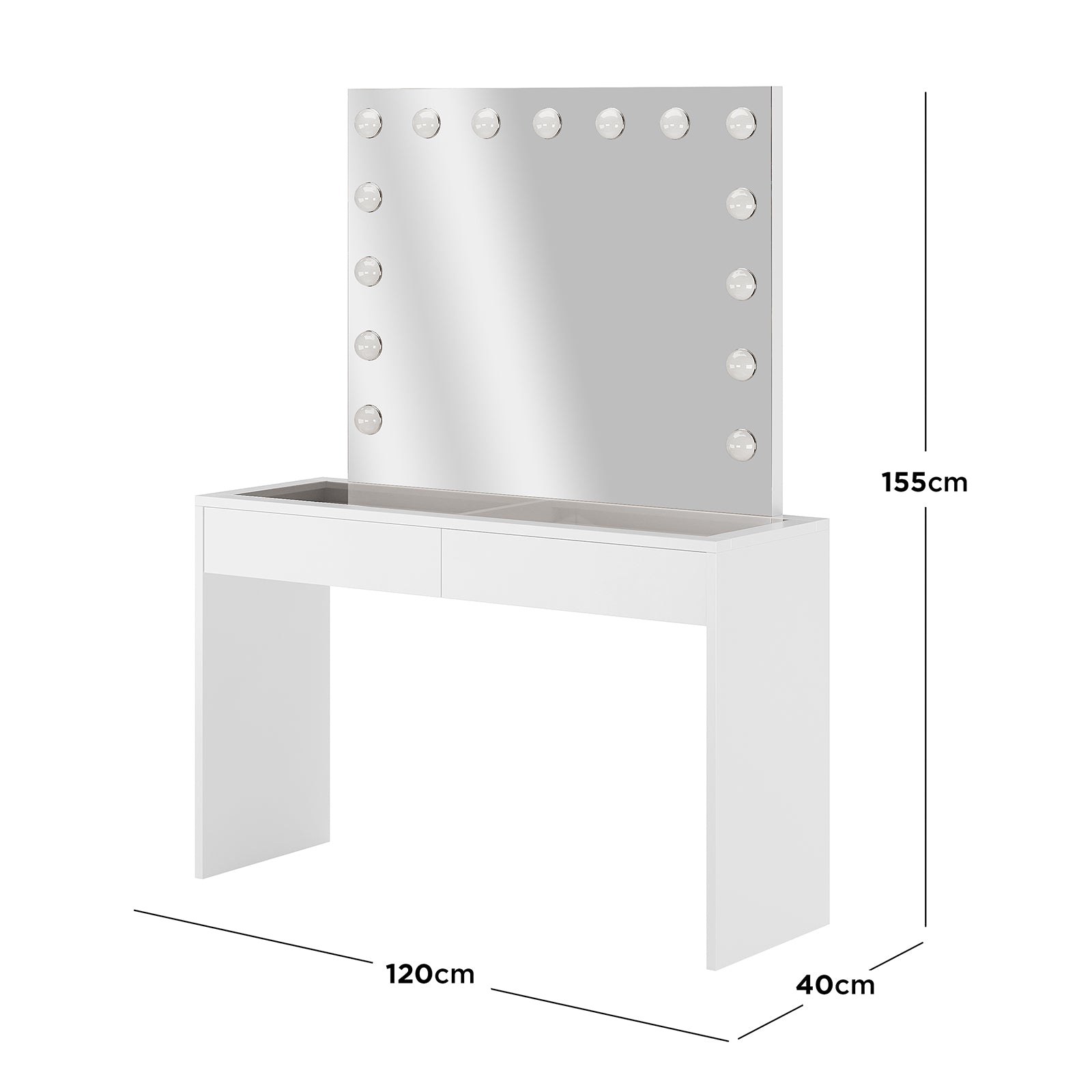 Gianna Hollywood LED Mirror Dressing Table - White featuring a large LED mirror with adjustable lighting and two spacious drawers, ideal for organizing makeup essentials in a sleek, modern setup.