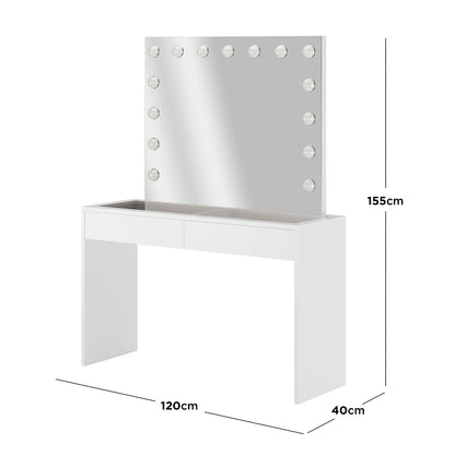 Gianna Hollywood LED Mirror Dressing Table - White featuring a large LED mirror with adjustable lighting and two spacious drawers, ideal for organizing makeup essentials in a sleek, modern setup.