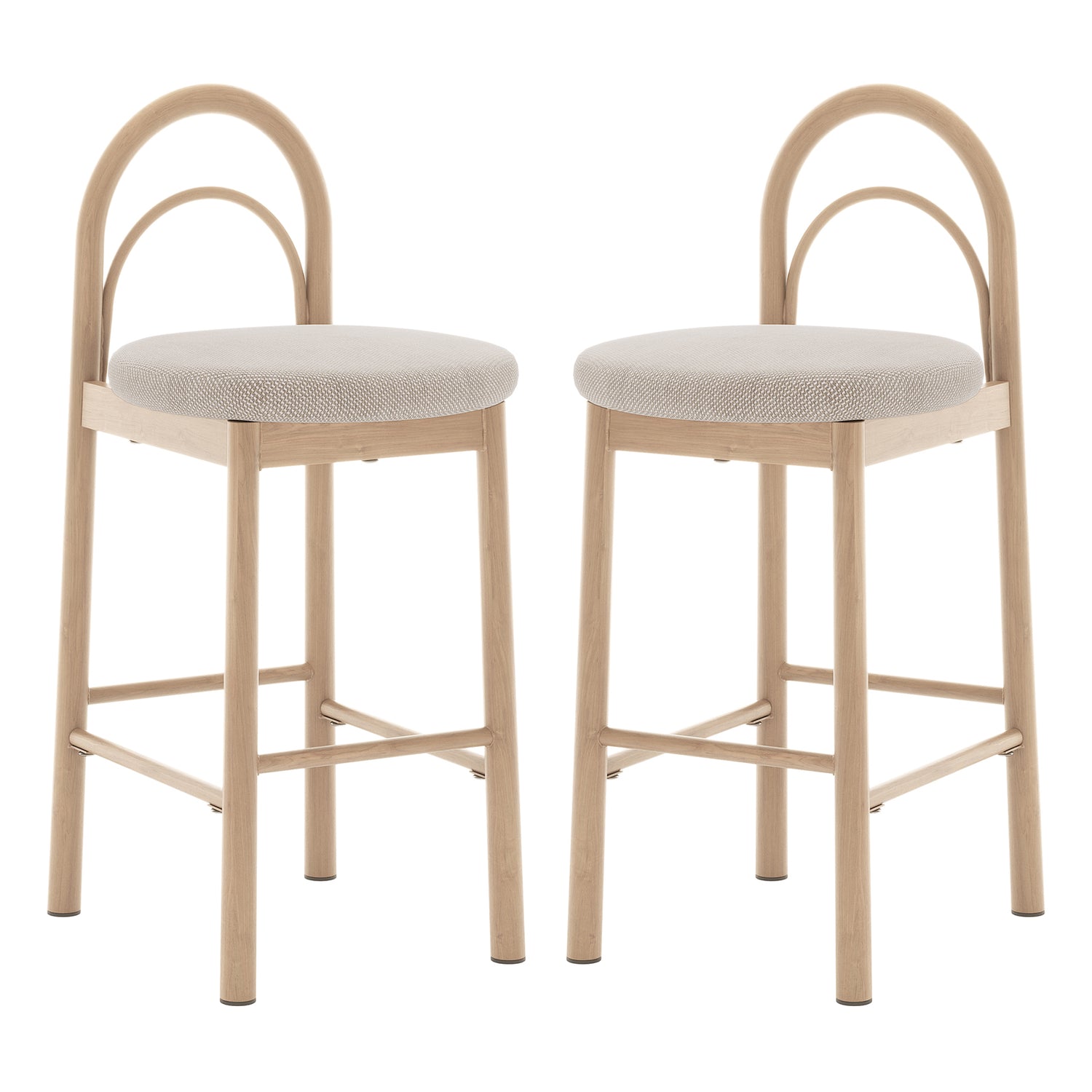 Gilles Linen Arched Bar Stool Set of 2 - Beige, features a close-up view of the arched backrest and sleek metal frame with wood accents, highlighting its modern design and comfortable padding.