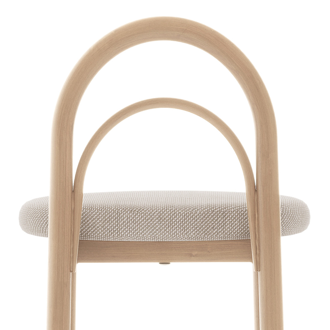 Close-up of Gilles Linen Arched Bar Stool Set of 2, showcasing the arched backrest and sleek metal frame with wood details, emphasizing its comfortable and stylish design for modern spaces.