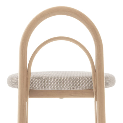 Close-up of Gilles Linen Arched Bar Stool Set of 2, showcasing the arched backrest and sleek metal frame with wood details, emphasizing its comfortable and stylish design for modern spaces.