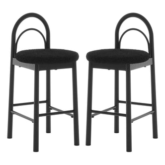 Gilles Boucle Arched Bar Stool Black Set of 2 featuring plush boucle upholstery, thick foam padding, and arched backrests on a durable metal frame with built-in footrests for modern, sophisticated seating.