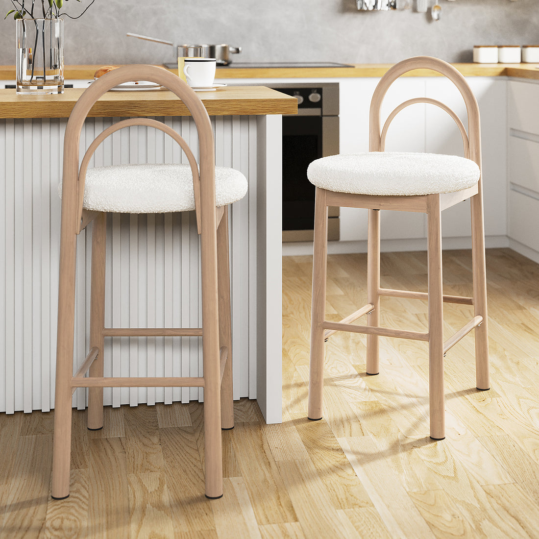 Gilles Boucle Arched Bar Stool Cream White Set of 2, featuring plush boucle upholstery on an arched backrest, with a metal frame and built-in footrest for comfort and elegance.