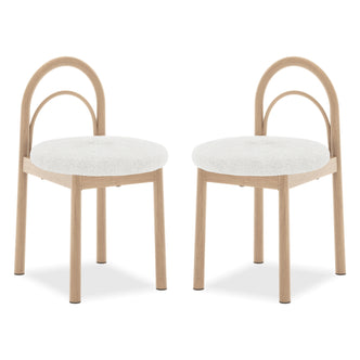 Gilles Boucle Arched Dining Chair Cream White Set of 2, featuring a sleek double-arched backrest and white cushions, showcases its elegant design with durable metal frames, perfect for dining spaces.