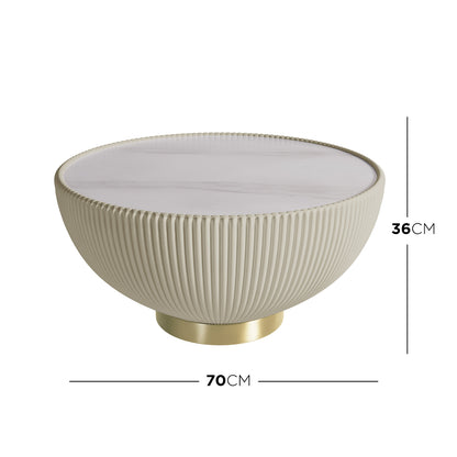 Glalie 70cm Sintered Stone Coffee Table Cream White, featuring a fluted beige shell, marble-effect top, and gold-finish plinth base, measuring 70cm wide and 36cm tall.
