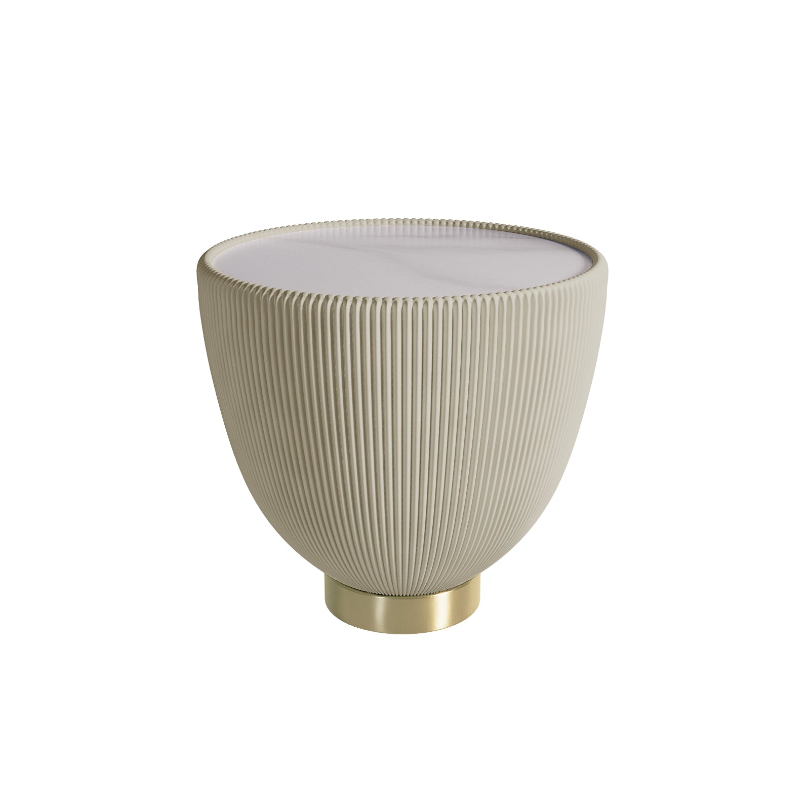 Glalie Sintered Stone Coffee Table Set in Cream White features a decorative fluted-side container with a matching lid on a brass-colored base, highlighting its elegant design.