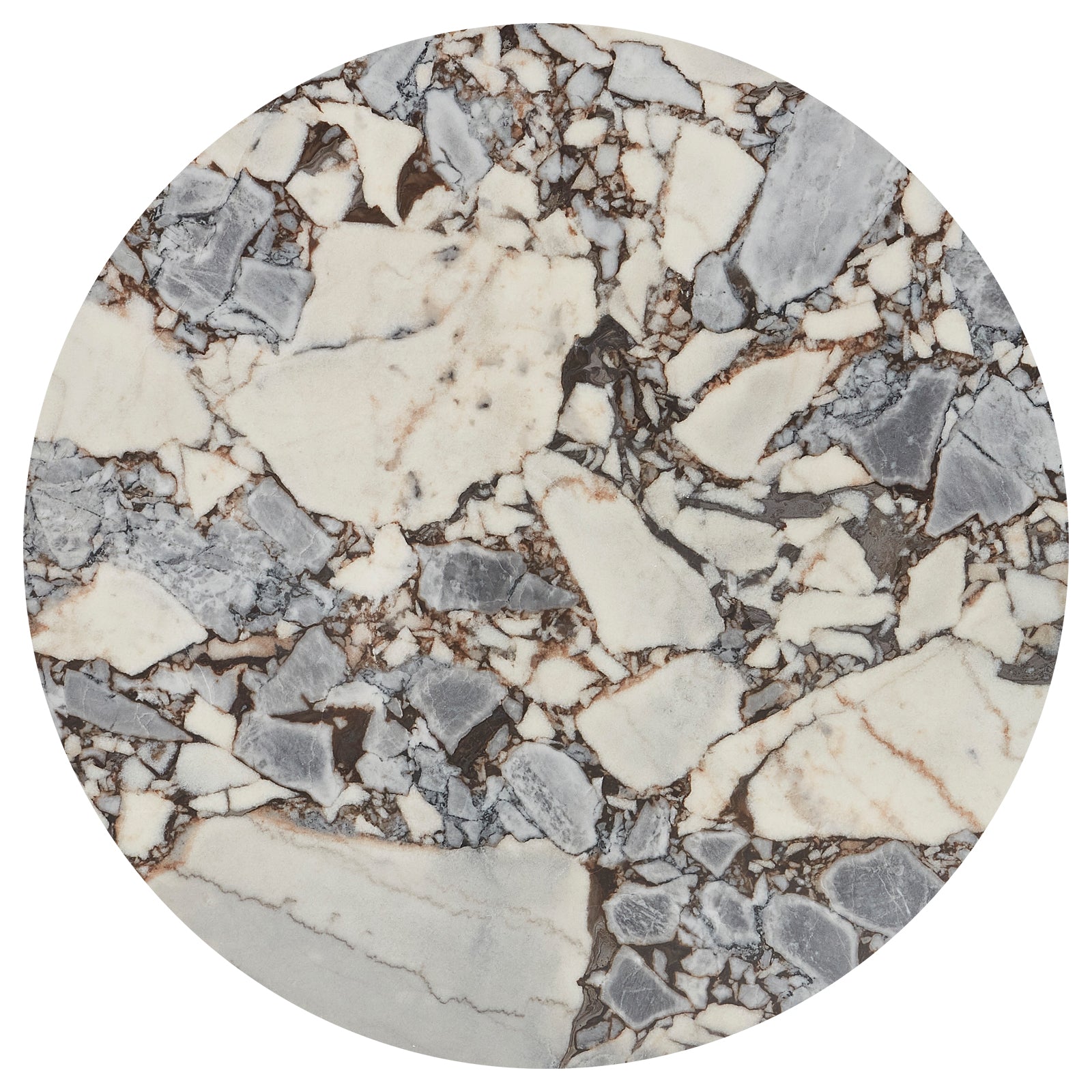 Gracie 120cm Round Marble Dining Table in Black Blue Galaxy, featuring a polished brecciated marble surface with large white and gray fragments, dark veins, and a solid timber base.