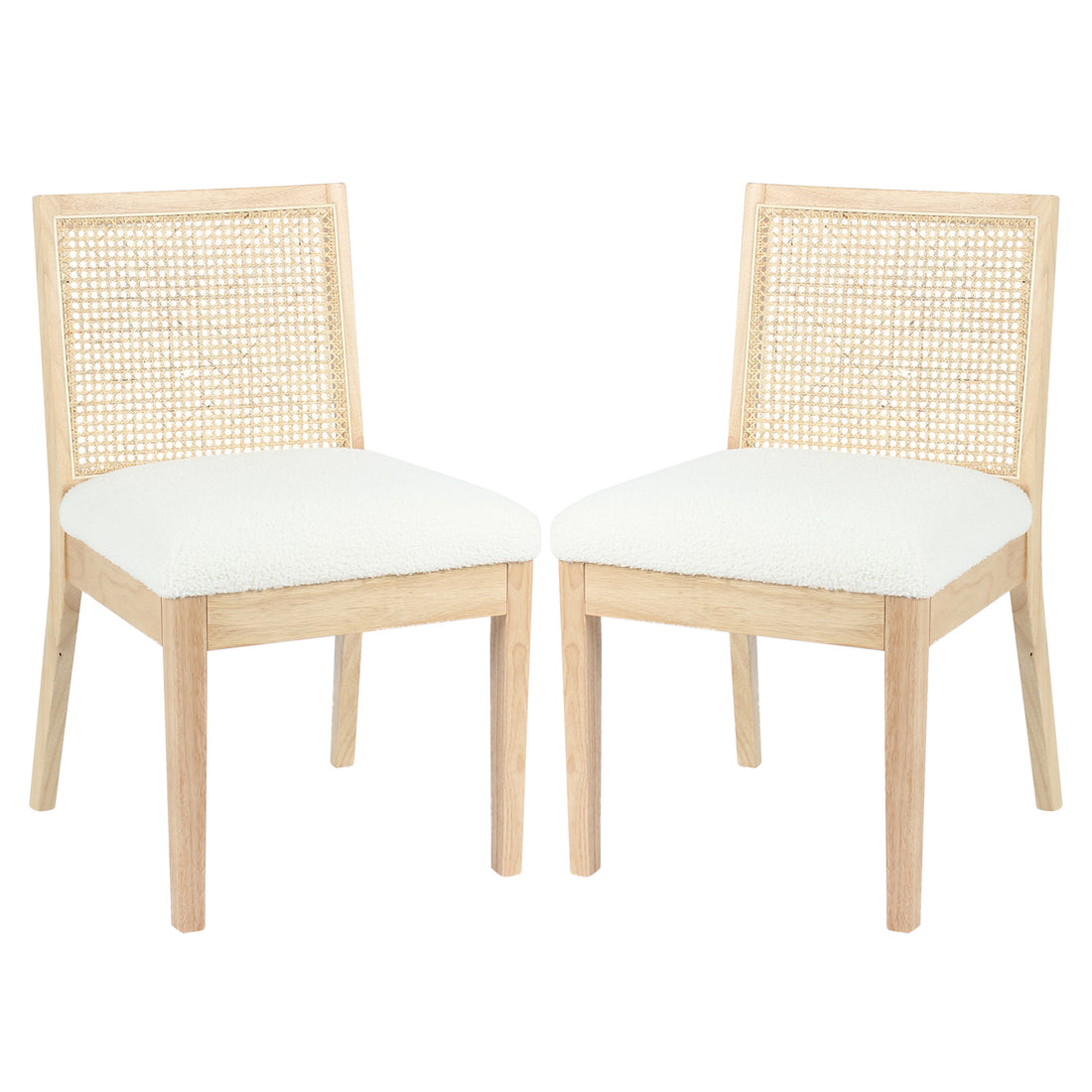 Gretel Hardwood & Rattan Dining Chair Set of 2 in Natural; features light-wood frames, woven cane backrests, and plush white upholstered seats, showcasing a blend of modern luxury and timeless craftsmanship.