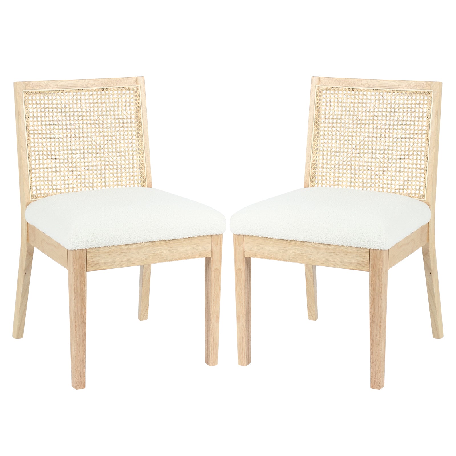Gretel Hardwood & Rattan Dining Chair Set of 2 in Natural; features light-wood frames, woven cane backrests, and plush white upholstered seats, showcasing a blend of modern luxury and timeless craftsmanship.