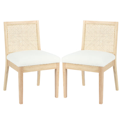 Gretel Hardwood & Rattan Dining Chair Set of 2 in Natural; features light-wood frames, woven cane backrests, and plush white upholstered seats, showcasing a blend of modern luxury and timeless craftsmanship.