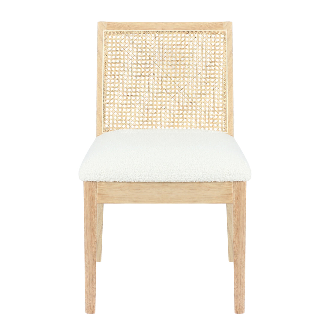 Gretel Hardwood & Rattan Dining Chair Set of 2 features a light-wood frame with a woven cane backrest and a white upholstered seat, highlighting Scandinavian-inspired design and natural materials.