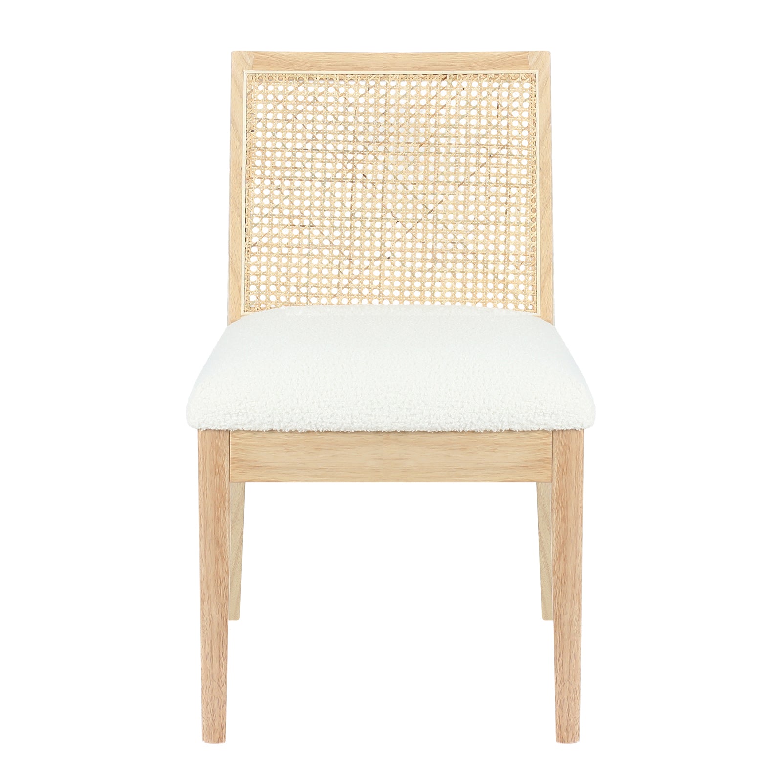 Gretel Hardwood & Rattan Dining Chair Set of 2 features a light-wood frame with a woven cane backrest and a white upholstered seat, highlighting Scandinavian-inspired design and natural materials.