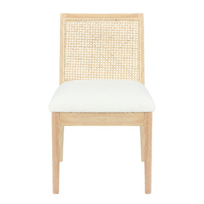 Gretel Hardwood & Rattan Dining Chair Set of 2 features a light-wood frame with a woven cane backrest and a white upholstered seat, highlighting Scandinavian-inspired design and natural materials.