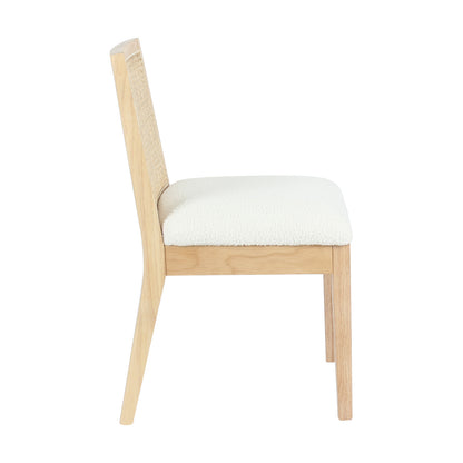 Gretel Hardwood & Rattan Dining Chair Set of 2 in Natural features a light-toned wooden frame and off-white bouclé fabric upholstery, highlighting modern design and comfort.