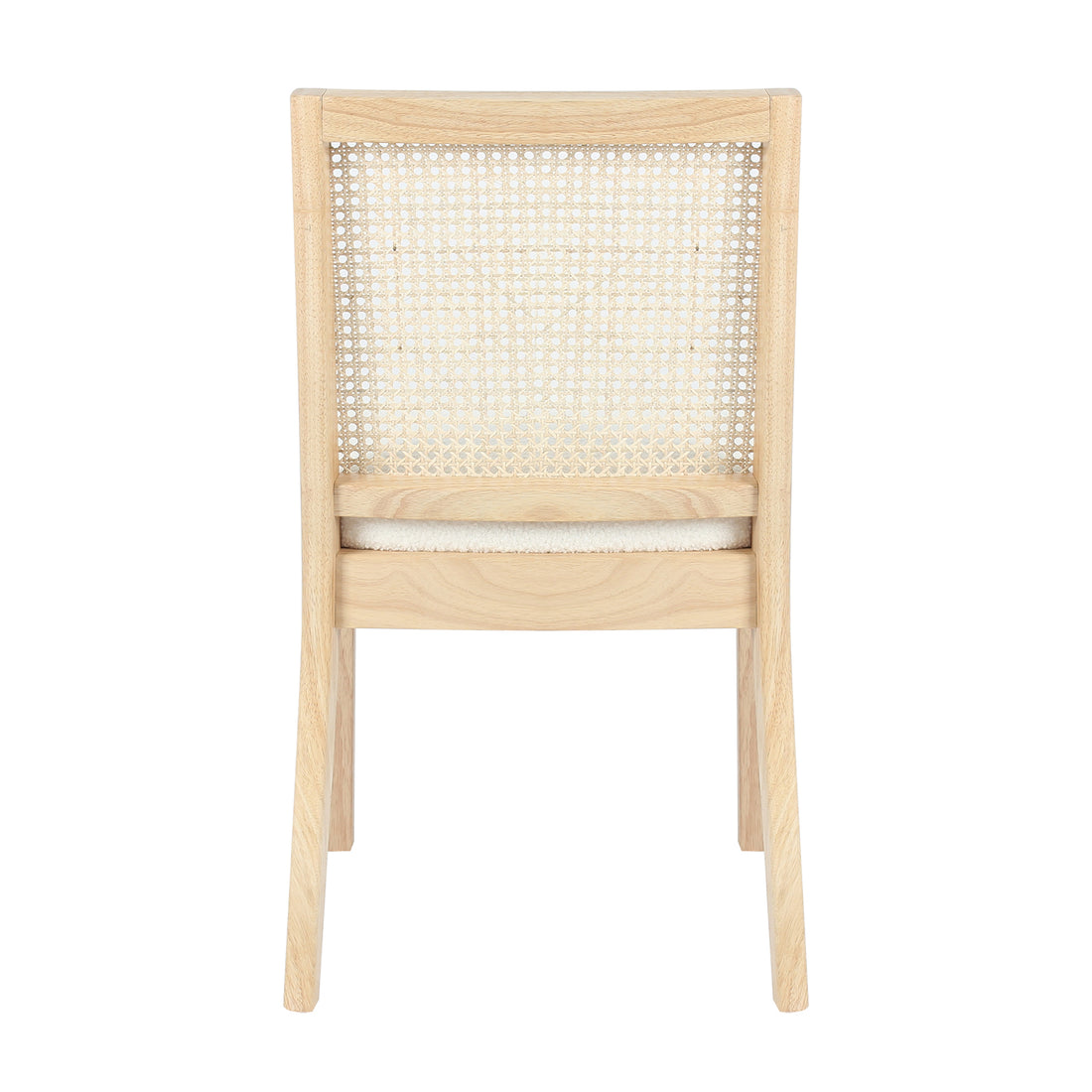 Rear view of Gretel Hardwood & Rattan Dining Chair Set of 2 in Natural, showcasing the woven cane backrest within a wooden frame, and the top edge of a lightly upholstered seat cushion.