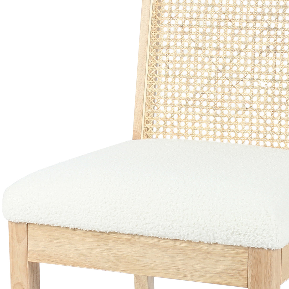 Gretel Wooden-Framed Rattan Bouclé Dining Chairs - Set of 2 - Natural, showcasing close-up details of the chair's woven rattan texture and plush Bouclé fabric upholstery, emphasizing craftsmanship and modern luxury.