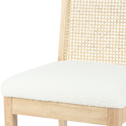 Gretel Wooden-Framed Rattan Bouclé Dining Chairs - Set of 2 - Natural, showcasing close-up details of the chair's woven rattan texture and plush Bouclé fabric upholstery, emphasizing craftsmanship and modern luxury.
