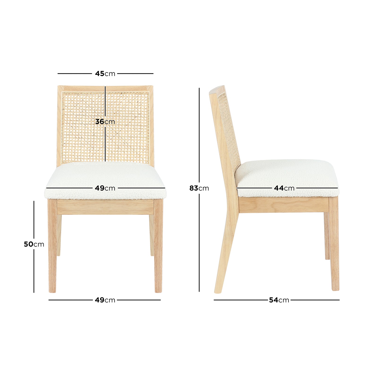 Gretel Wooden-Framed Rattan Bouclé Dining Chairs - Set of 2 - Natural on a white cushion, showcasing a blend of natural rattan and rubber wood frame, designed for modern luxury and comfort.