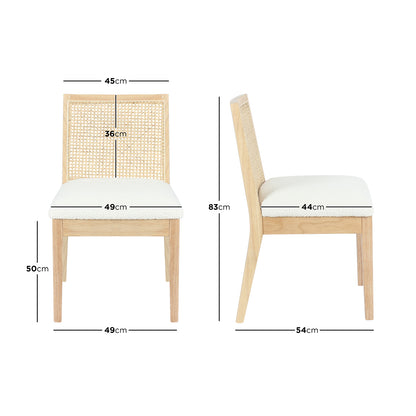 Gretel Wooden-Framed Rattan Bouclé Dining Chairs - Set of 2 - Natural on a white cushion, showcasing a blend of natural rattan and rubber wood frame, designed for modern luxury and comfort.